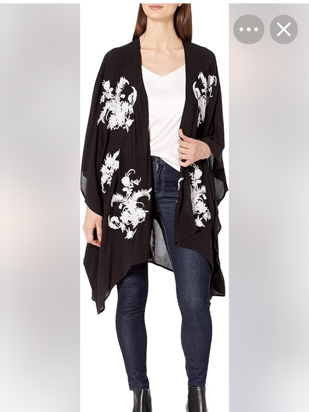 Karen Kane Black Kimono with White Floral Embroidery